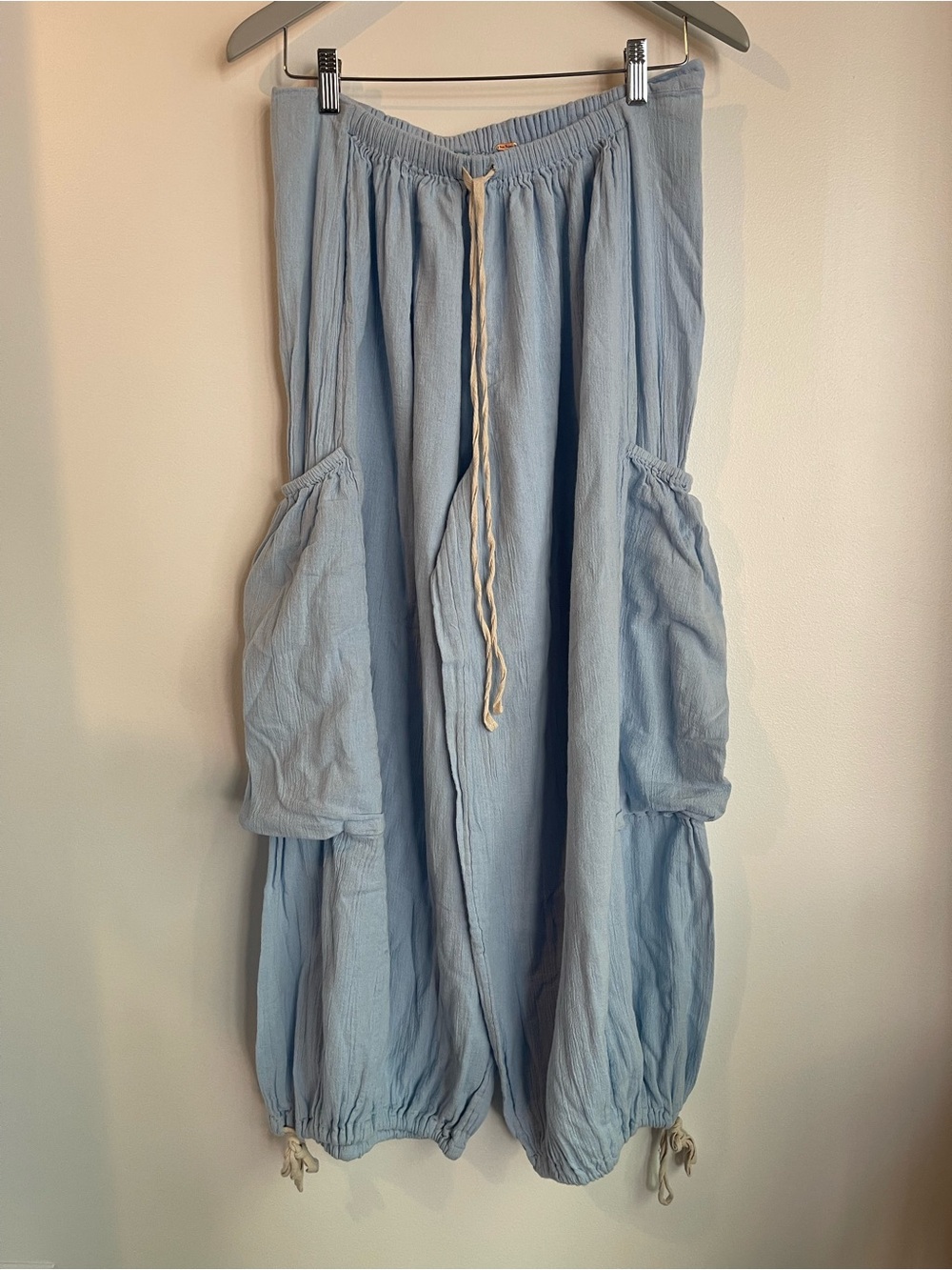 Free People Light Blue Gauze Cotton Harem Cargo Pants Drawstring Ankle M